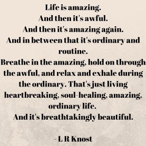 Life is amazing.And then it's awful.And then it's amazing again.And in between that it's ordinary and routine.Breathe in the amazing, hold on through the awful, and relax and exhale during the ordinary. That's just living heartbreaking, sou
